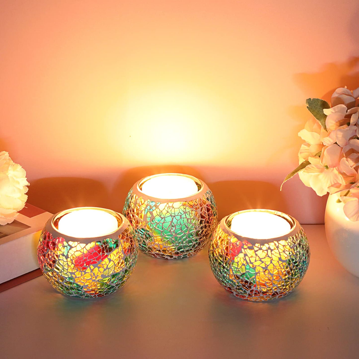 OwnMy Set of 3 Colorful Mosaic Glass Tea Light Holders Round Bowl Votive Candle Holders Pillar Candle Stands, Glass Mosaic Tealight Holders Potted Plant Bowl Vase Candle Centerpiece for Table Wedding