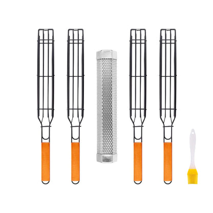 Kabob Grilling Baskets, BBQ Grill Accessories Set of 4 with 12" Stainless Steel Hot/Cold Smoker Tube, BBQ Smoker Rotisserie Basket for Grilling Vegetables