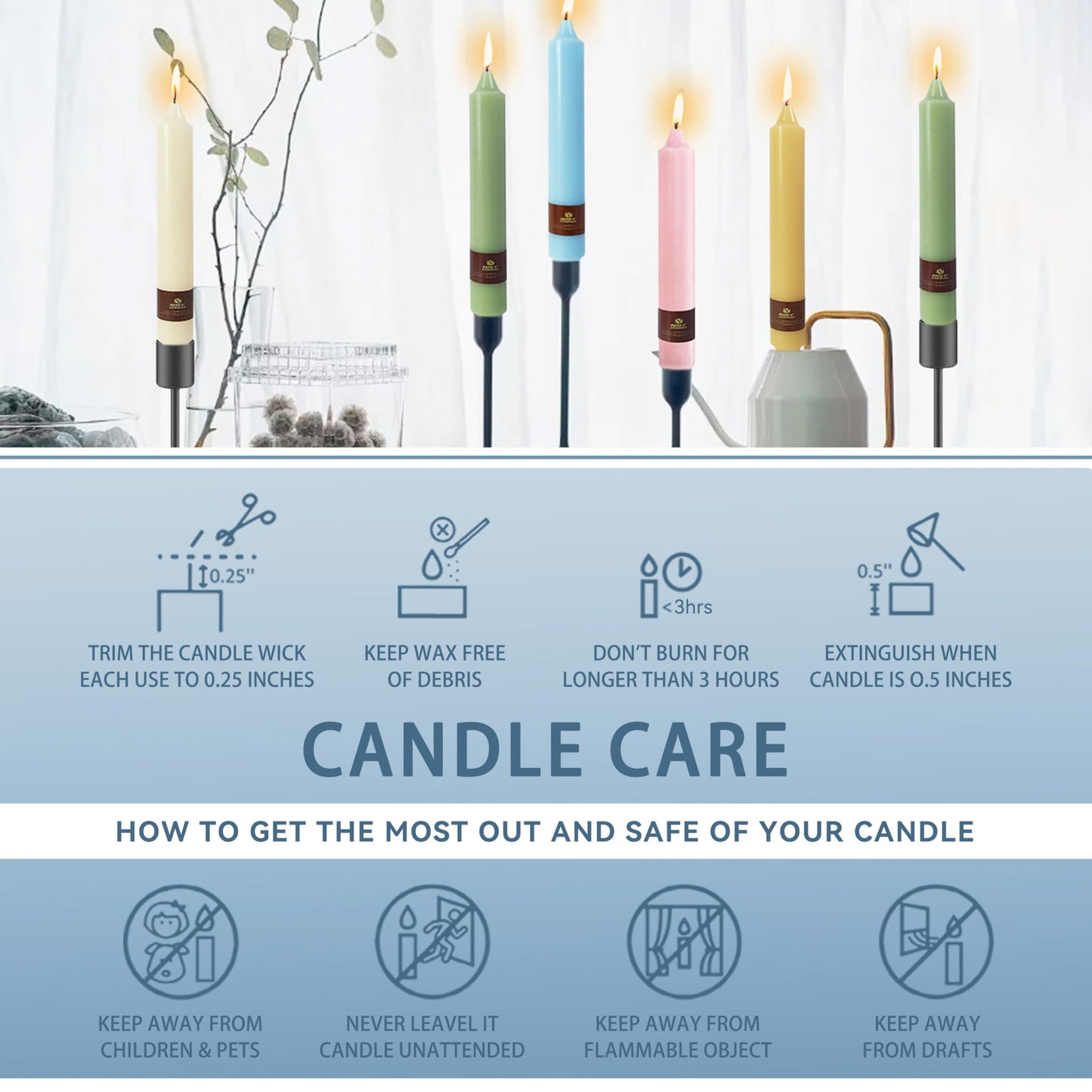 Blue Taper Candles 9 inch - 4 Pack Fat Candle Taper Candles Dripless, Smokeless, Unscented Hand Poured Tall Candlesticks - Perfect for Home Decor, Weddings, and Special Occasions