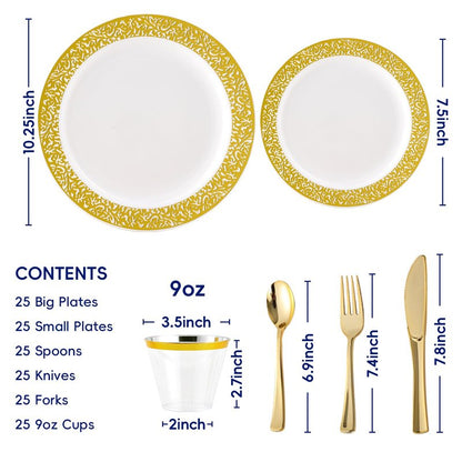 150 Count Gold Plastic Dinnerware Set, Elegant Disposable Include: 25 Gold Lace Plastic Plates, 25 Dessert Plates, 25 Forks, 25 Knives, 25 Spoons, 25 Cup, Ideal for Party, Birthday and Thanksgiving