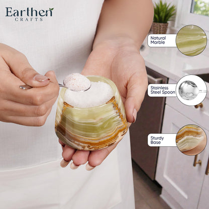 Earthen Crafts Marble Salt Cellar with Lid Green 3 Inches Salt Box Spice Storage Container Seasoning Jar with Spoon, Modern Salt Keeper for Kitchen Countertop, 3 OZ Capacity