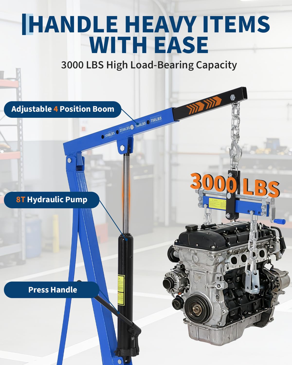 Hydraulic Engine Hoist with Lever, 1.5 Ton (3000 LBS) Capacity Shop Crane with Telescopic Boom & 4 Swivel Casters, Cherry Picker Lift for Home Garage, Auto Repair, and Warehouse Use, Heavy-Duty, Blue