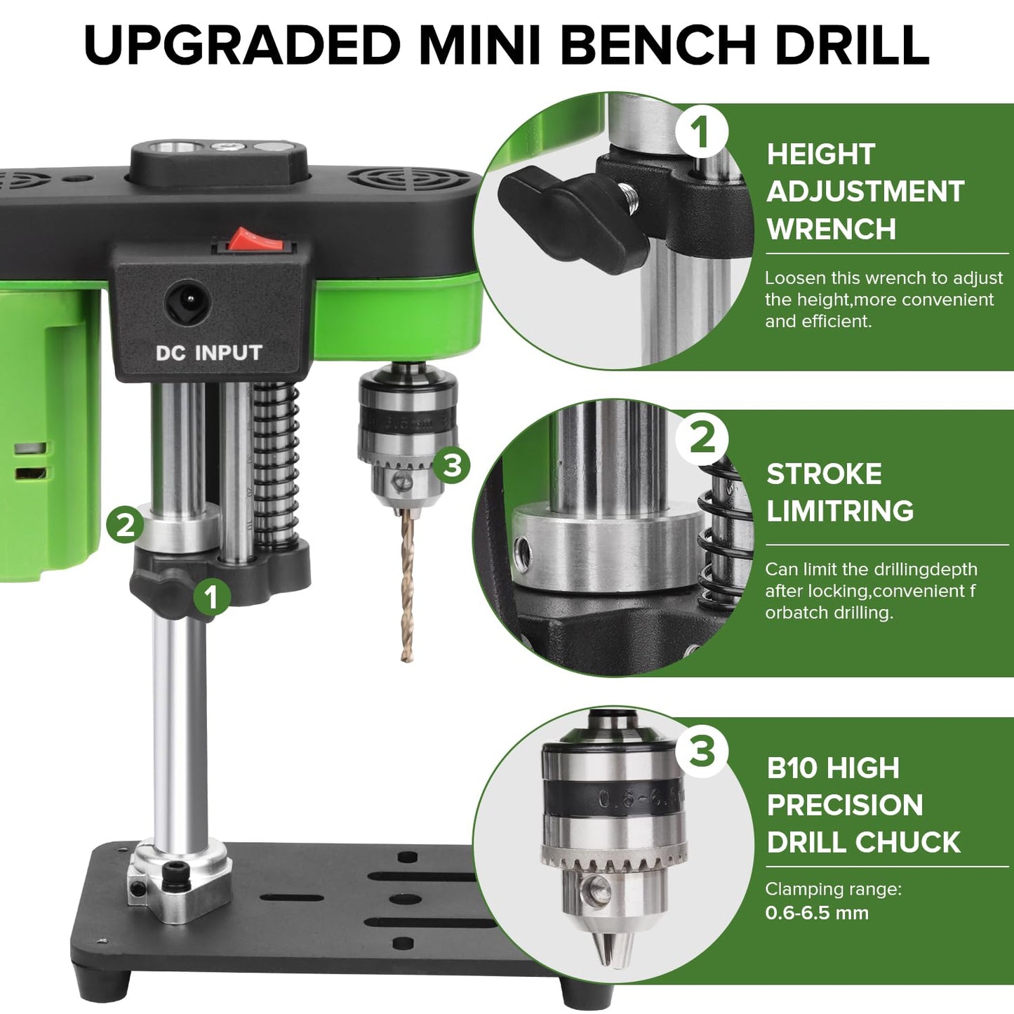 Mini Bench Drill Press,Small Benchtop Drill Press,Two Power Supply Modes,High Precison Low Noise,Compact Benchtop Drilling Machine, DIY Jewelry Making, Metal Wood Working