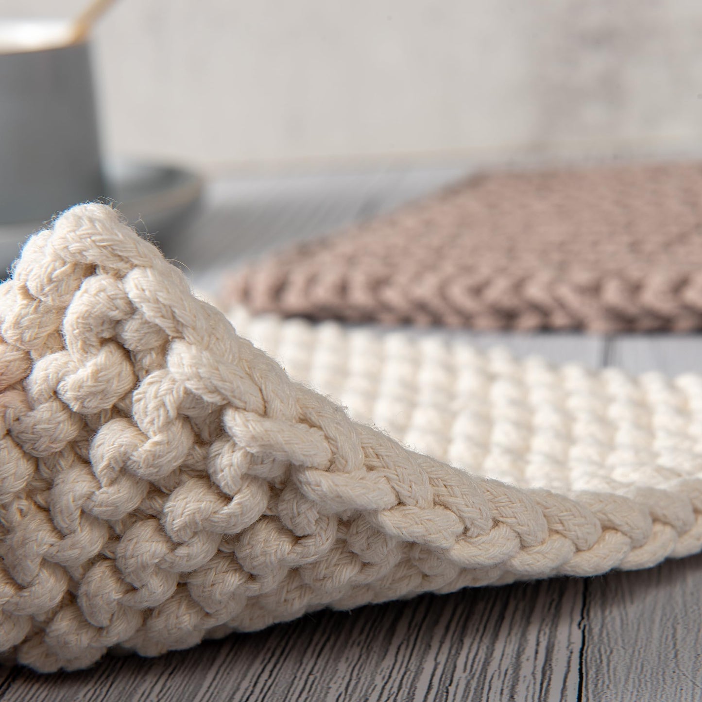 Eiyye Thick Crocheted Pot Holders, Handmade Hot Pads Crocheted Trivets for Kitchen hot Dishes(2-Pack), 8"x8" (White and Taupe)