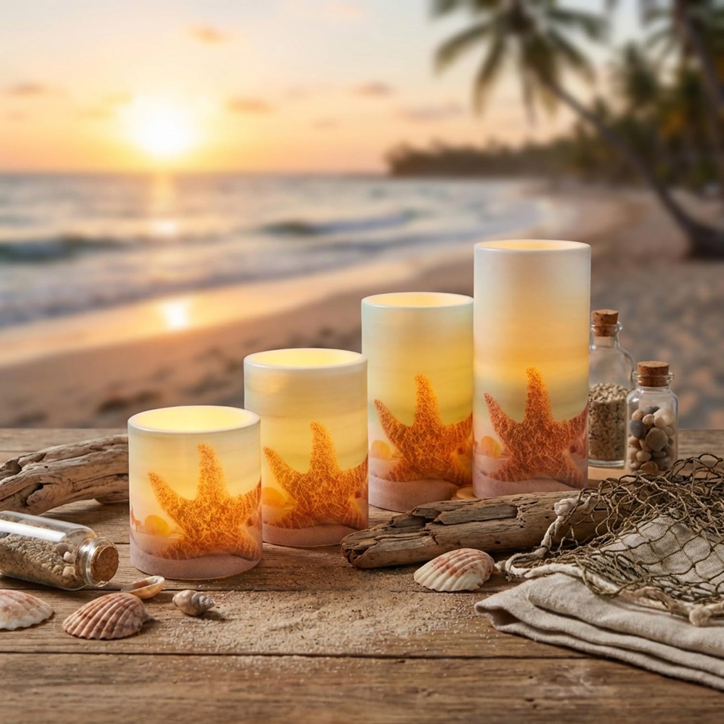 Aulaygo 4PCS Summer Starfish Flameless Candles with Timer Remote Control,LED Pillar Candles Set Battery Operated for Wedding Beach Party Holiday Home Decor