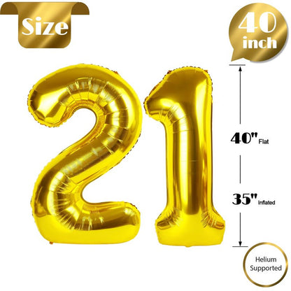 Gold Number 21 Balloon 40 inch, 21 Number Balloons, 21st Gold Birthday Decorations, 21 Year Old Women Men Golden Party Supplies