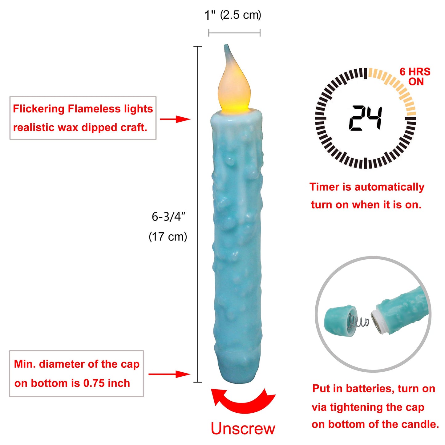 CVHOMEDECO. Real Wax Hand Dipped Battery Operated LED Timer Taper Candles Rustic Primitive Flameless Lights Decor, 6-3/4 Inch, Teal, 2 PCS in a Package