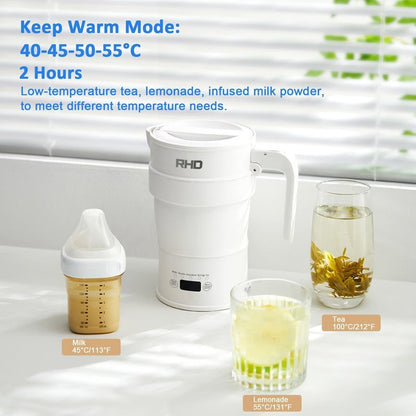 Travel Foldable Electric Kettle, 700ML Hot Water Kettle with Multifunctional Panel, Collapsible Small Boiling Water Kettle with Keep Warm & Delay Start, BPA-Free, 600W, 304 Stainless Steel, White