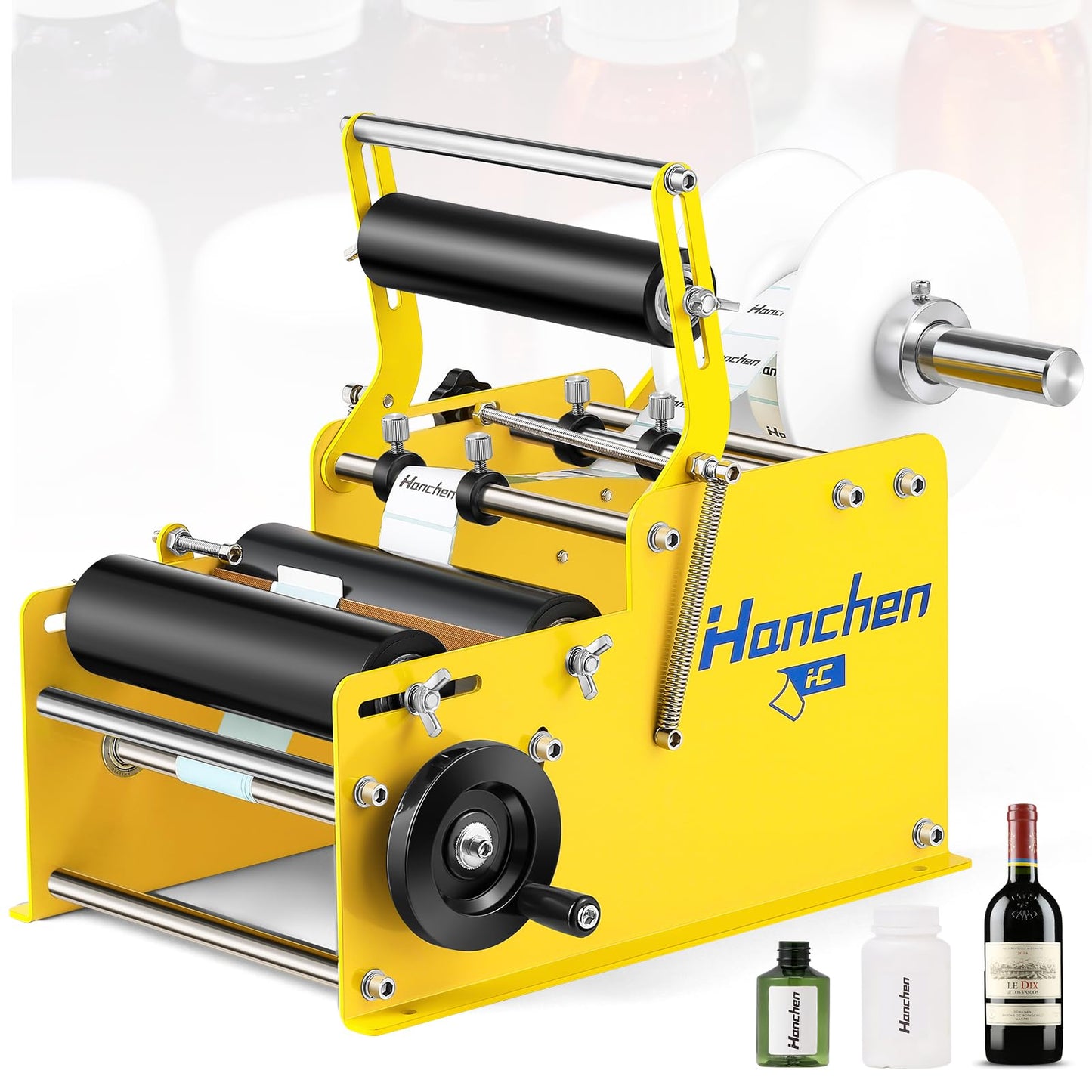 Hanchen Manual Round Bottle Labeling Machine with Comfort Press Handle for Precision & Speed, Adjustable Bottle Labeler Label Applicator Machine for Vial Light Small Bottles Effortless Labeling