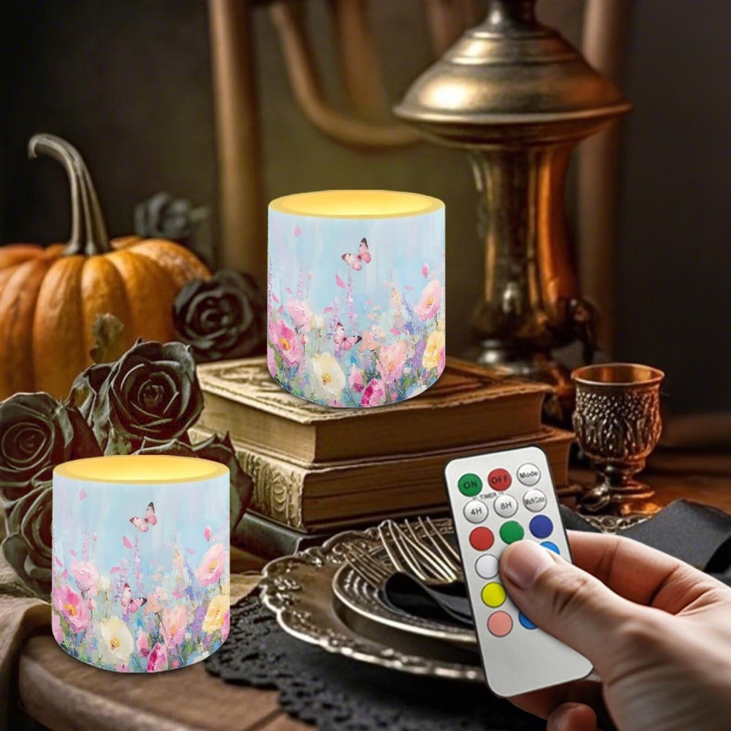 Cozeyat Butterfly Floral Flameless Candles 4 Pack Battery Operated with Remote Control Timer LED Pillar Candles Waterproof for Indoor Outdoor