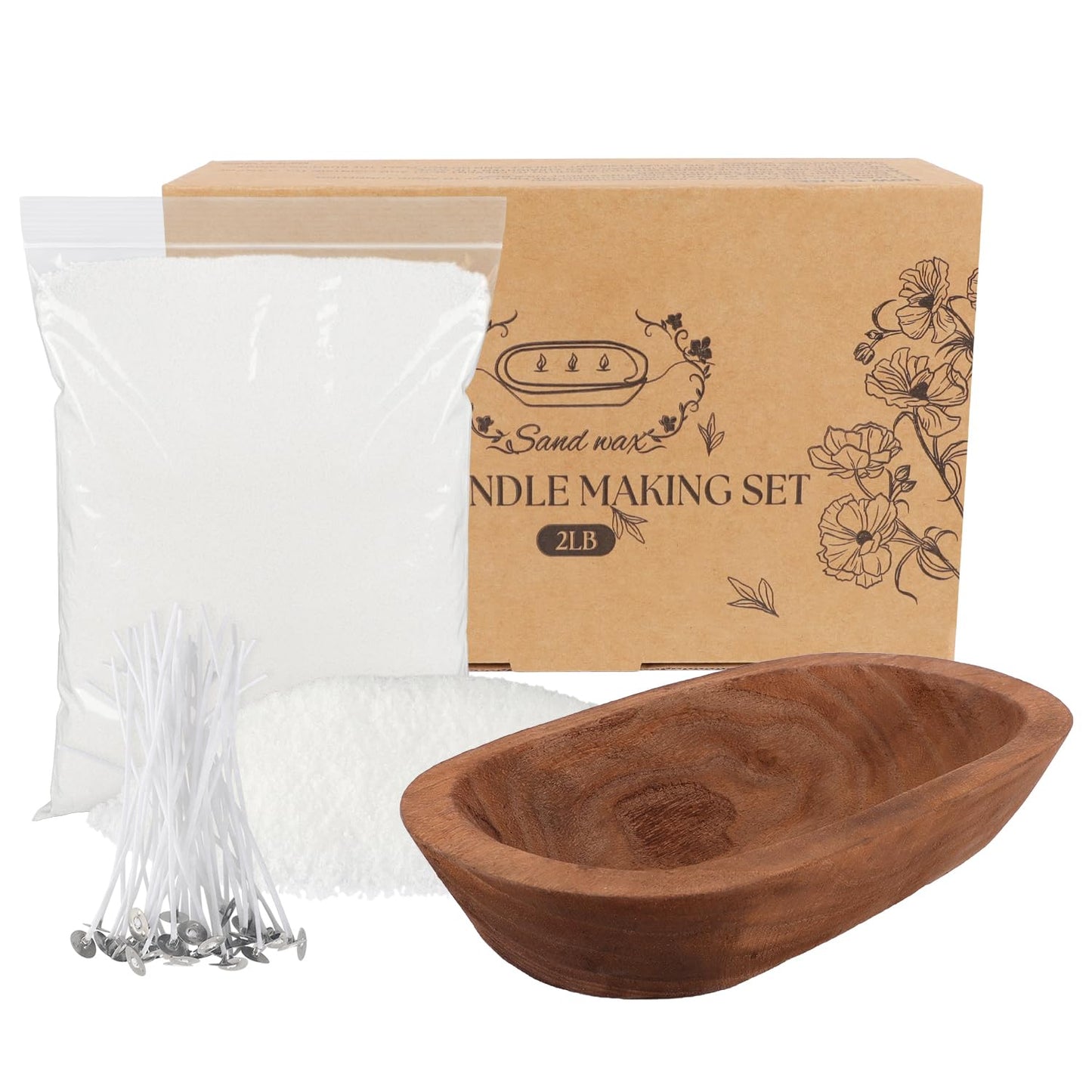 Wfmolcand Sand Wax Candle Making Kit - 2LB Snow Wax with Wooden Bowl & 20 Wicks, DIY 3-Wick Scented Candle Set for Adults Beginners, Easy No-Melt Home Decor Gift for Birthday Christmas Housewarming