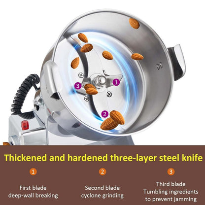 BI-DTOOL Electric Grain Mill Grinder 2000W Dry Material Grinding Machine 800g Stainless Steel Pulverizer 36000r/min High-speed Grain Mill 270° swingable Superfine powder for Home and Commercial 800g