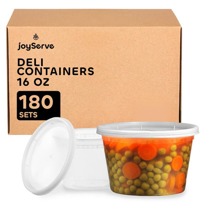 JoyServe 16 oz Deli Containers with Lids – 180 Sets (180 Containers + 180 Lids) – Leakproof, Stackable, Microwave & Freezer Safe – Bulk Food Storage for Restaurant, Deli, Catering, Soup & Meal Prep