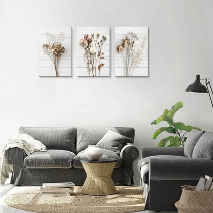 Modern Farmhouse Wall Decor Dried Wildflower Neutral Canvas Print Still Life Wall Art for Bedroom Aesthetic Rustic Floral Wall Art for Living Room Wall Decoration Stretched Set of 3 Pieces 16x24inches