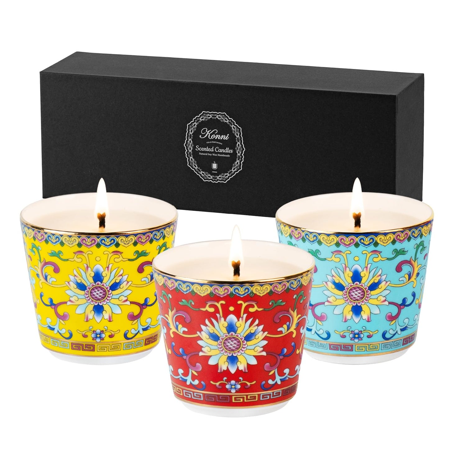 KONNI Scented Candles Gifts Set of 3 for Women Men 19 oz Soy Wax Candles Lotus Ceramic Jar Candle 90 Hours Long Lasting Floral & Woody Scents for Christmas, SPA Relaxation, Home Decor