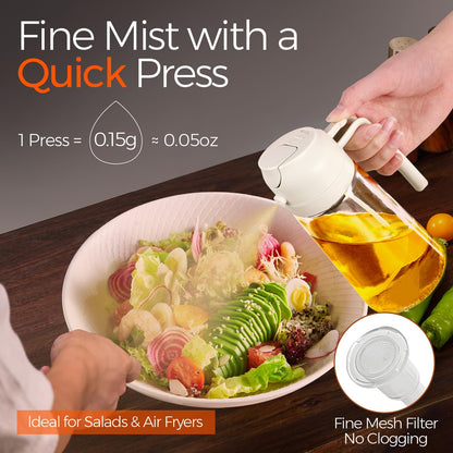 YARRAMATE 16oz/470ml Glass Olive Oil Sprayer for Cooking with Stickers, 2 in 1 Oil Dispenser for Kitchen Gadgets, Food Grade Premium Spray Bottle for Salad, Frying, BBQ (Creamy White)