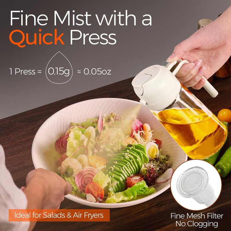 YARRAMATE 2Pcs 16oz/470ml 2 in 1 Oil Sprayer for Cooking with Stickers, Food-grade Glass Oil Spray Bottle, Oil Dispenser and Oil Sprayer for Kitchen, Salad, Frying, BBQ (White & Green)