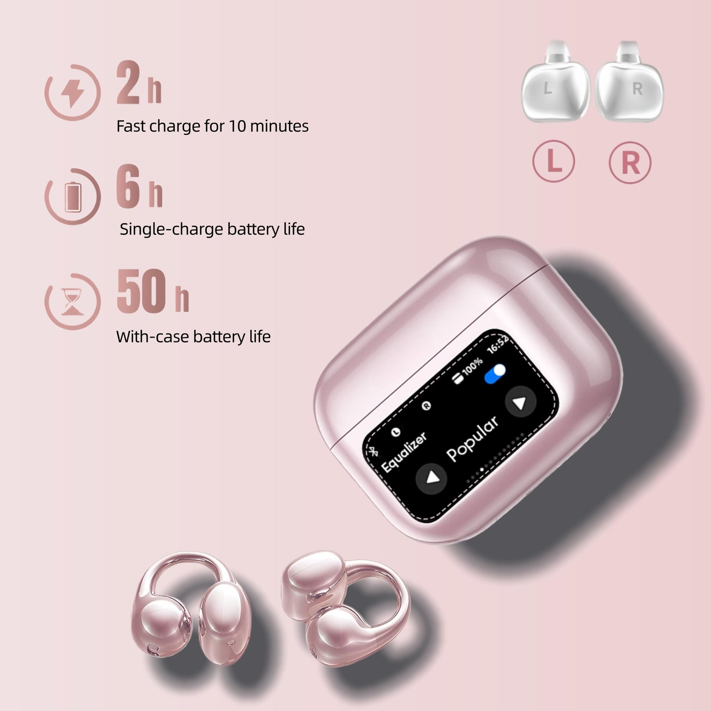 otinsile Open Ear Earbuds,Clip On Earbuds Wireless Bluetooth 6.0 with LCD Touchscreen, Lightweight Comfort Bone Conduction Headphones for Sports, Fitness, and Workouts, Rose Gold