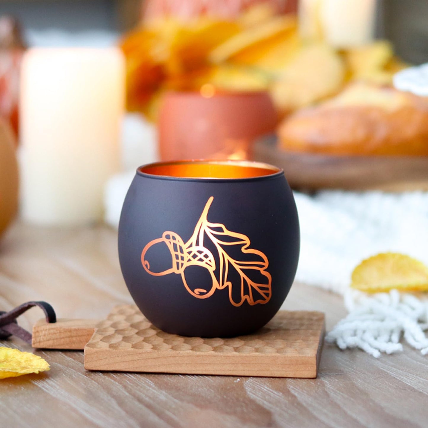 Fall Candle Holders Set of 4, Glass Tealight Votive Holders, Indoor Outdoor Thanksgiving Table Decor with Laser-Etched Maple Leaf and Pumpkin Design, Autumn Party Wedding Table Centerpieces (Brown)