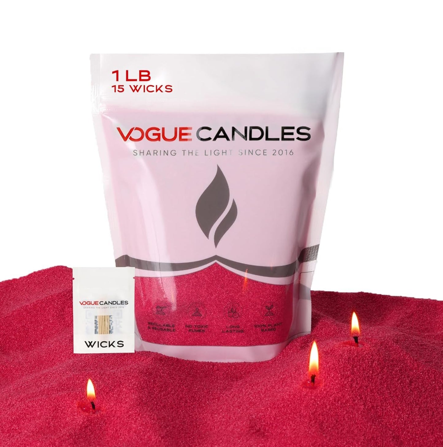 Vogue Candles Red Pearled Candle Sand Wax (1 LB) – Sand Candle Kit w/15 Cotton Wicks for DIY Home Lighting – Plant-Based & Reusable Wax Granules Refill for Custom Vessels, Décor and Father’s Day Gifts