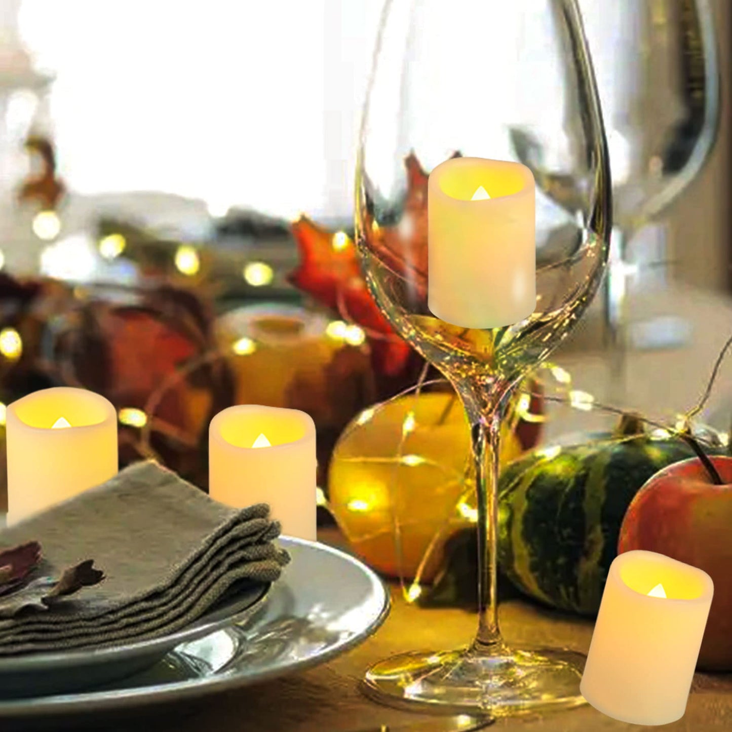 Yakpo 12 Pack 1.5" x 2" Flameless Flickering Votive Candles Battery Operated, Outdoor LED Flicker Fake Candle Bulk, Electric Powered Tea Light for Home Table Halloween Pumpkin Lantern Decorations