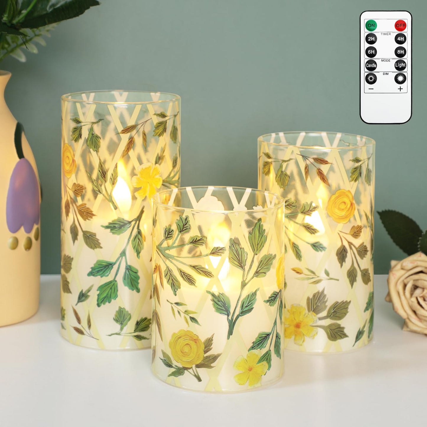 Crystal Club Yellow Floral Flameless Candles with Remote & Timer, 3D Wick Flickering Pillar LED Flameless Candles, Battery Operated for Home Wedding Party Festival Decor, Set of 3