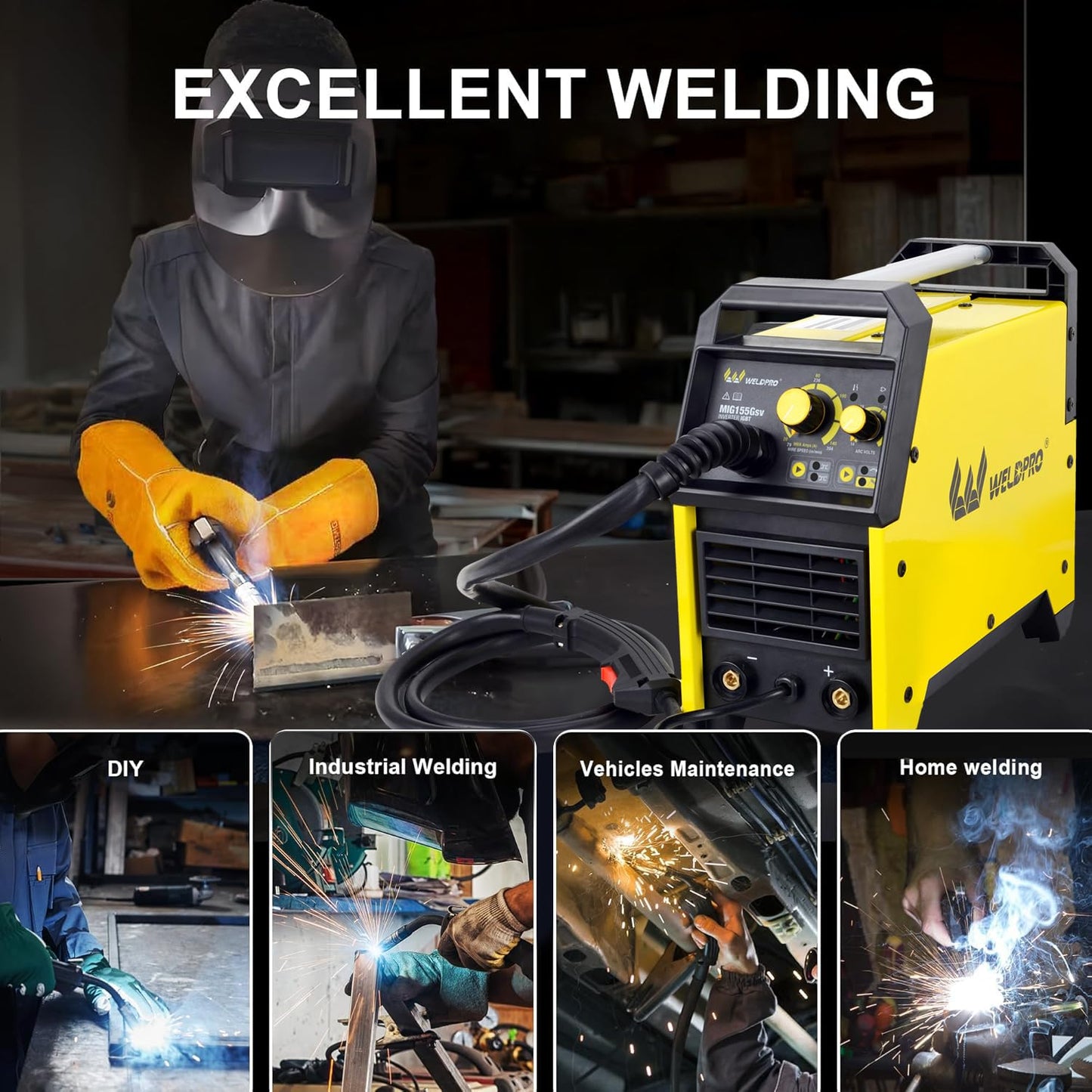 Weldpro 155 Amp MIG Welder, 110V/220V 3 in 1 Welding Machine, Flux Core MIG/Gas MIG/MMA/Stick Welder, Welder Machine with Synergy, IGBT Inverter Portable Welder Equipment for Beginner