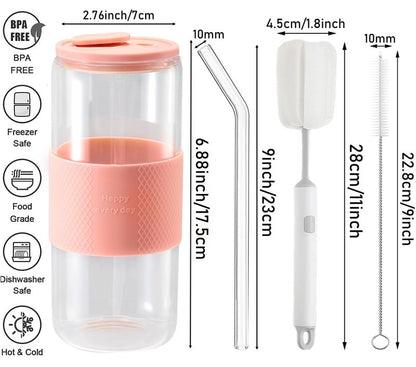 ASANMEYO 20oz Can Shaped Glass Cups with Silicone Lids and Glass Straw, 2PCS Drinking Glasses with Lids and Straws, and Silicone Sleeves, Beer Glasses, Iced Coffee Cups, Soda, Gift - Pink
