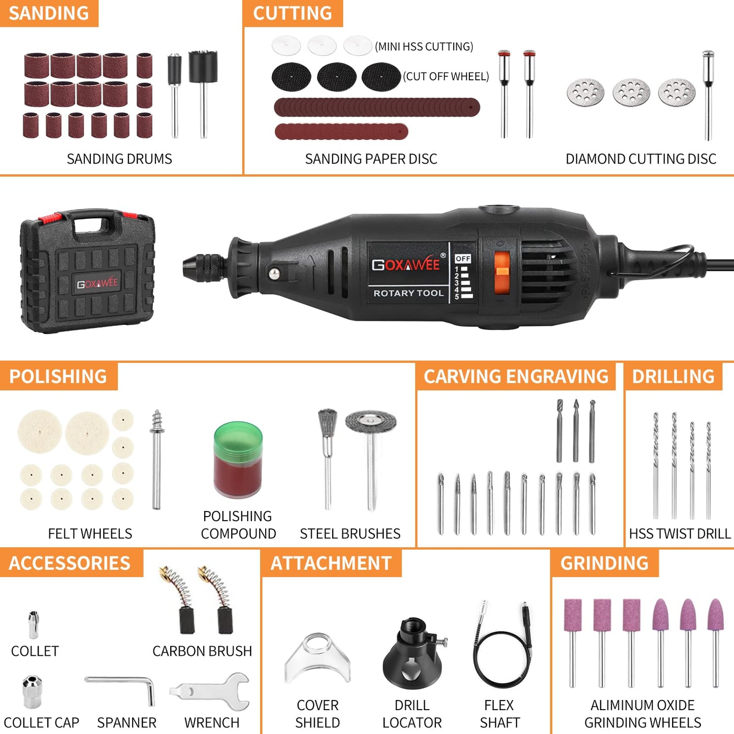 GOXAWEE Rotary Tool Kit with MultiPro Keyless Chuck and Flex Shaft -140pcs Accessories Variable Speed Electric Drill Set for Handmade Crafting Projects and DIY Creations