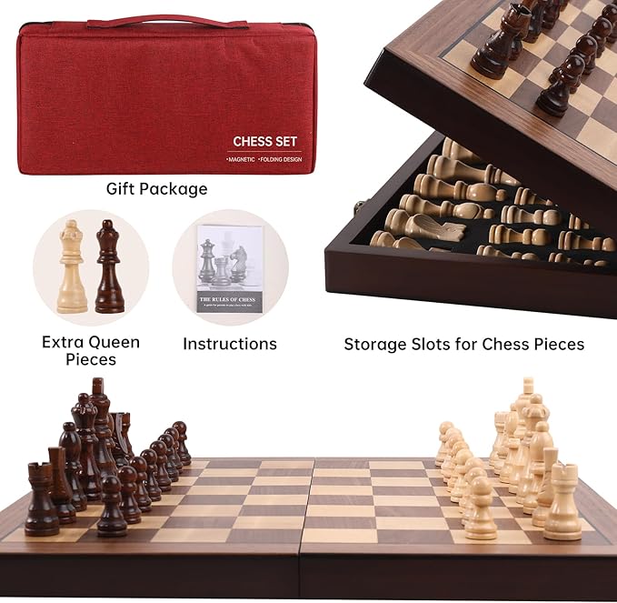 Magnetic Wooden Chess Set 15'' Folding Chess Board Portable Travel Chess Set Games with Chessboard Bag Beginner Chess Set for Tournament Professional Beginner