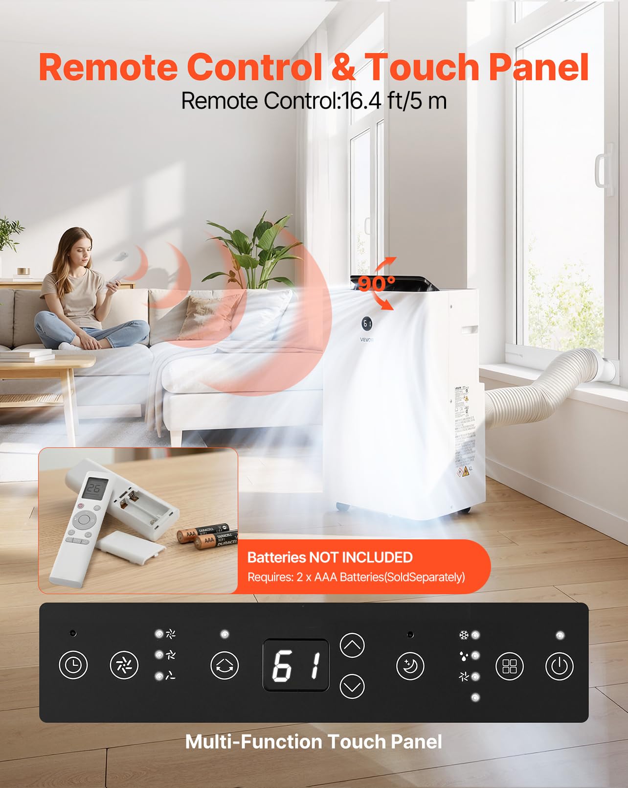 VEVOR Portable Air Conditioner, 14000 BTU ASHRAE (9800 BTU SACC) 4-in-1 Standing Cooling Ac Unit, LED Touch Panel & Remote Control, 24h Timer, Cooling, Dehumidifier, Fan, Sleep Mode for Room Indoor