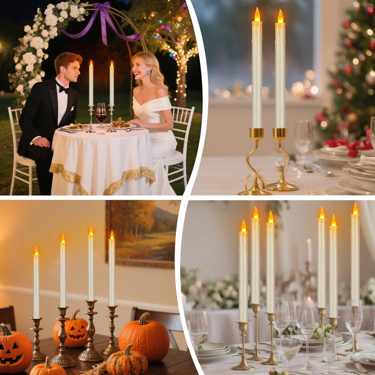 wemarry Flickering Flameless Taper Candles, 10" Fake Taper Candles Battery Operated with Timer, Long Lasting-Ivory Electric Led Candlesticks for Xmas Halloween Wedding Home Décor(Ivory Drip, 12 Pack)