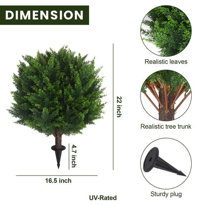 22''T Artificial Cedar Topiary Ball Tree 2 Pack, Outdoors Artificial Shrubs Faux Plants Uv Rated Perfect for Outdoor, Indoor - Easy to Install.