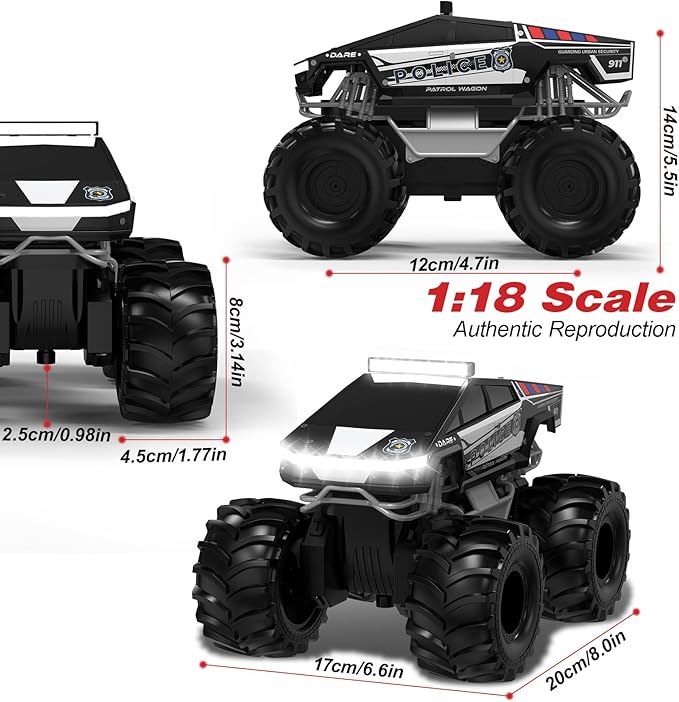 Police Remote Control Car 1:18 Cyber Truck Remote Control Car 2.4 GHz Waterproof Amphibious RC Cars 4WD All Terrain Off-Road Pickup 360° Rotatable Monster Truck Toys for Boys RC Cars Ages 6+