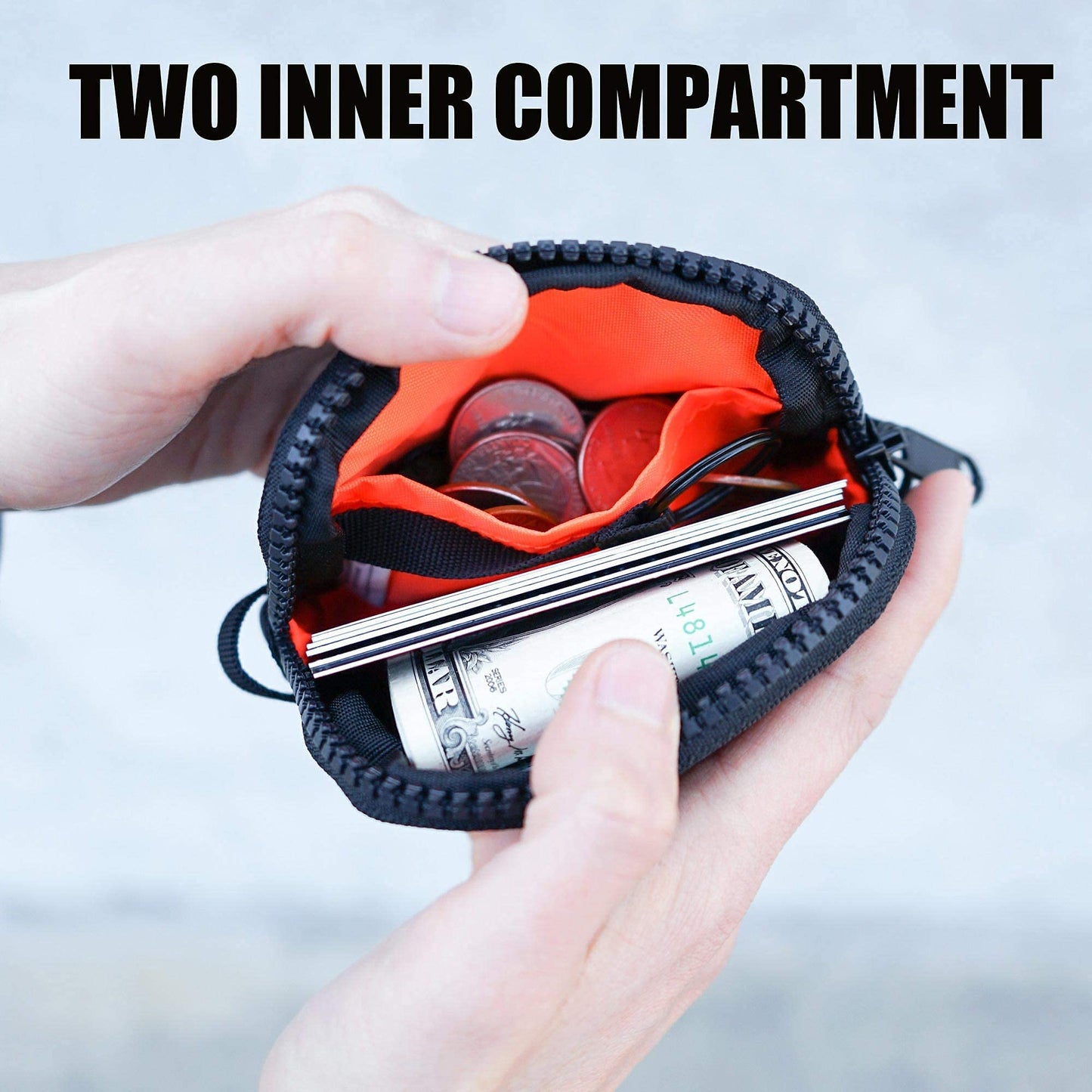 Rough Enough Small Coin Purse Card Wallet Keychain Pouch for Men Women with Zipper Neck Lanyard Black Cordura Water Repellent