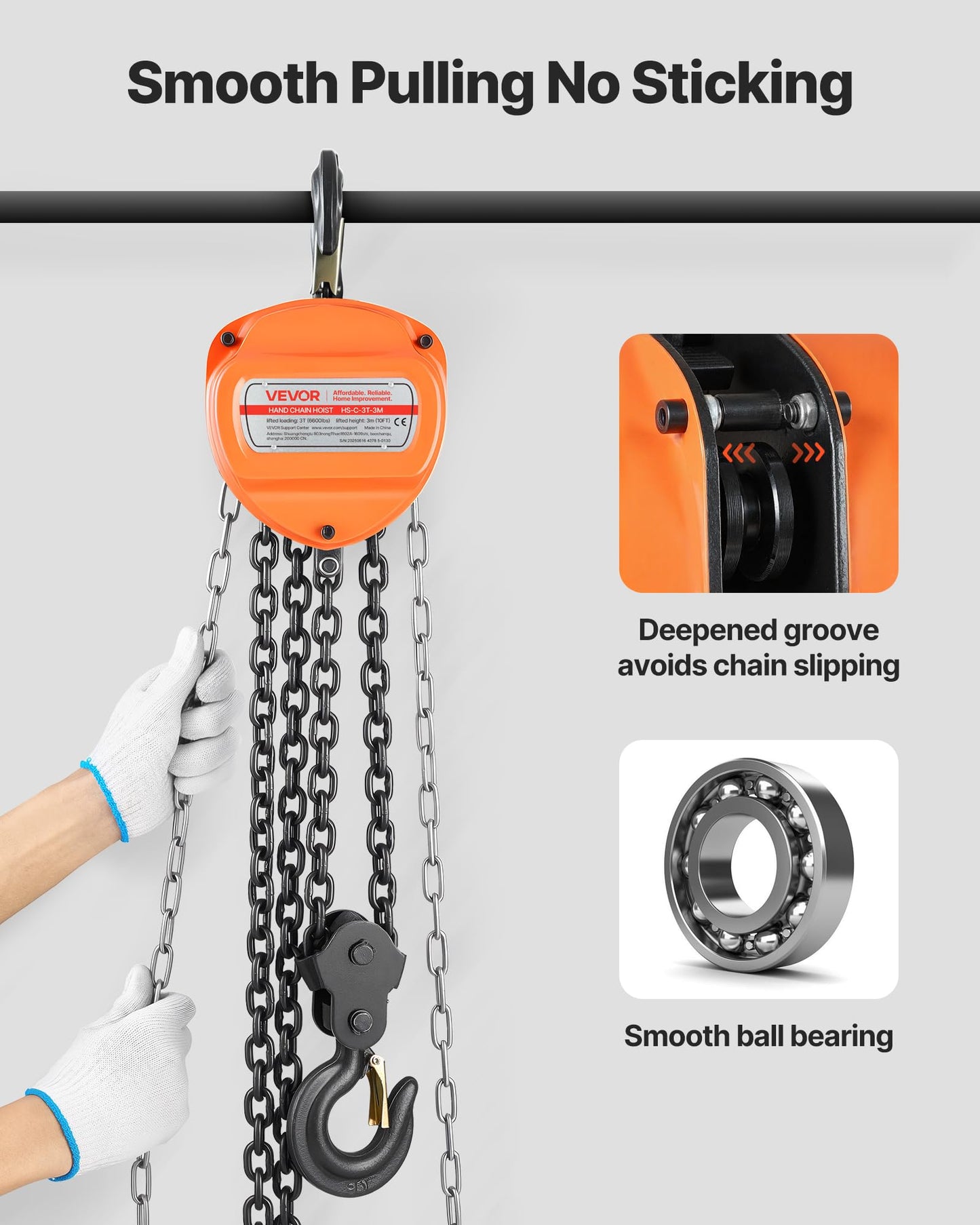 VEVOR Hand Chain Hoist, 3 Ton 6600 lbs Capacity, Manual Chain Block with Upgrade G80 Galvanized Chain, 10 ft Lifting Height, Heavy Duty Pulley Hoist for Garage Warehouse Automotive Machinery, Orange