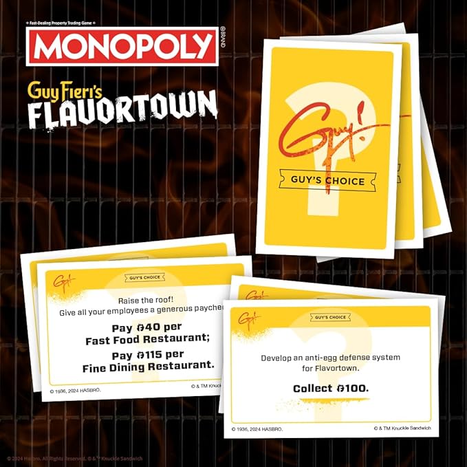 Monopoly: Flavortown Board Game Featuring '68 Chevy Camaro Knuckle Sandwich Coin and More Buy Sell Trade Guy Fieri’s Restaurants Build Your Own Culinary Empire Officially Licensed Merchandise