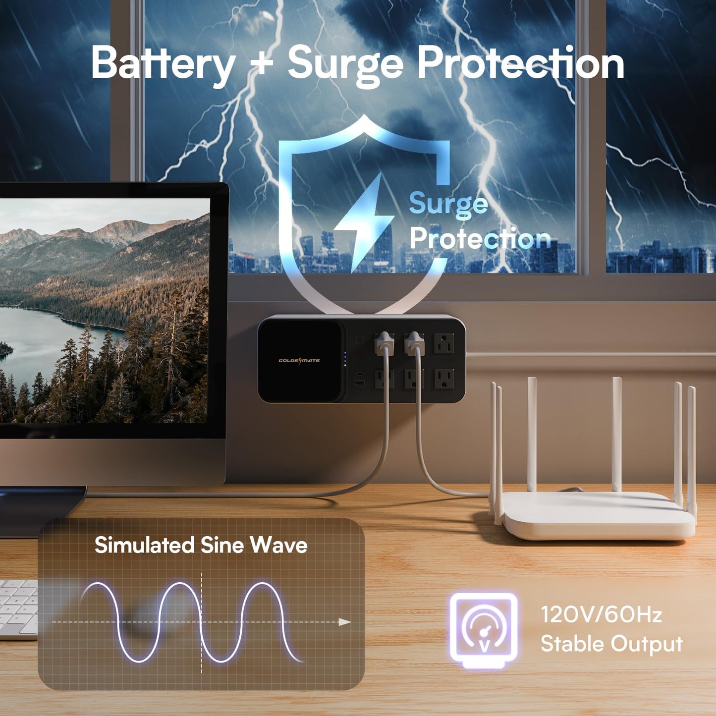 GOLDENMATE 600VA/360W Lithium UPS Battery Backup and Surge Protector, Backup Battery Power Supply with LiFePO4 Batteries(76.8 Wh), 6 Outlets, 2 USB Ports, Wireless Charging, Wall Mount Compact Design