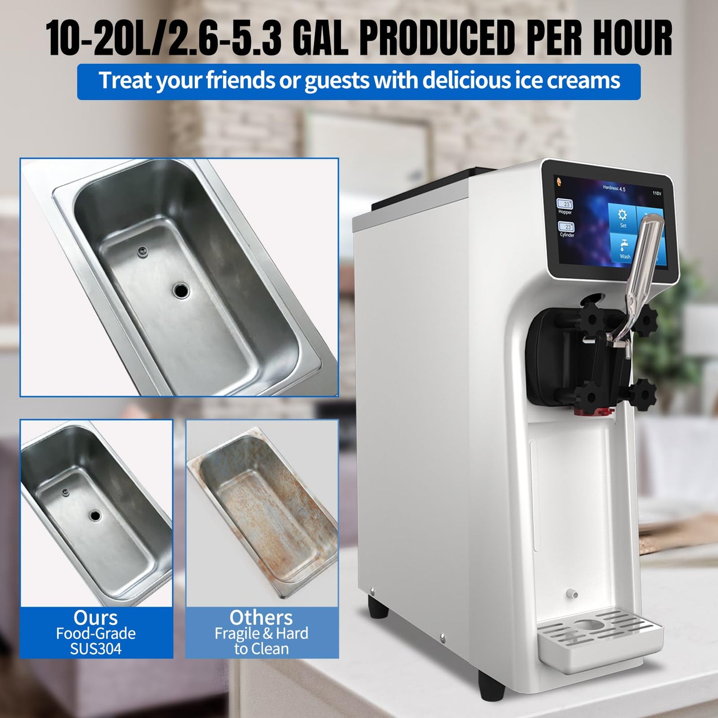 XPW Commercial Ice Cream Machine - 1000W 110V Single Flavor Soft Serve Ice Cream Maker Machine 2.7 to 4 Gal/H Touch LCD display & Auto Clean Soft Serve Maker Perfect for Bars Restaurants - White