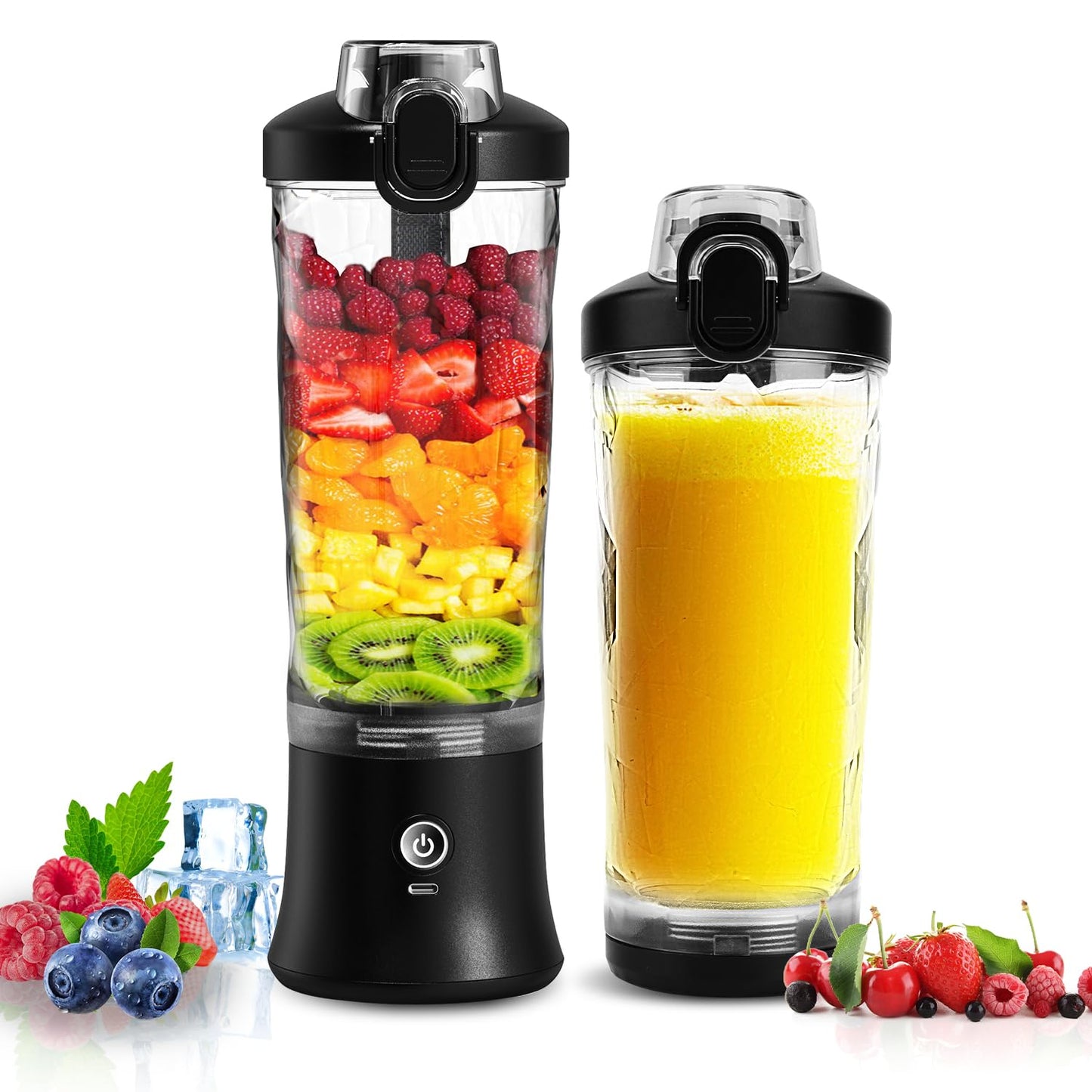 Portable Blender Personal Juicer for Shakes and Smoothies - 20 OZ Electric Protein Shaker Bottle with Insulated Sleeve, Travel Lid, USB-C Rechargeable - Mini Small Blender Cup for Kitchen, Office, Gym