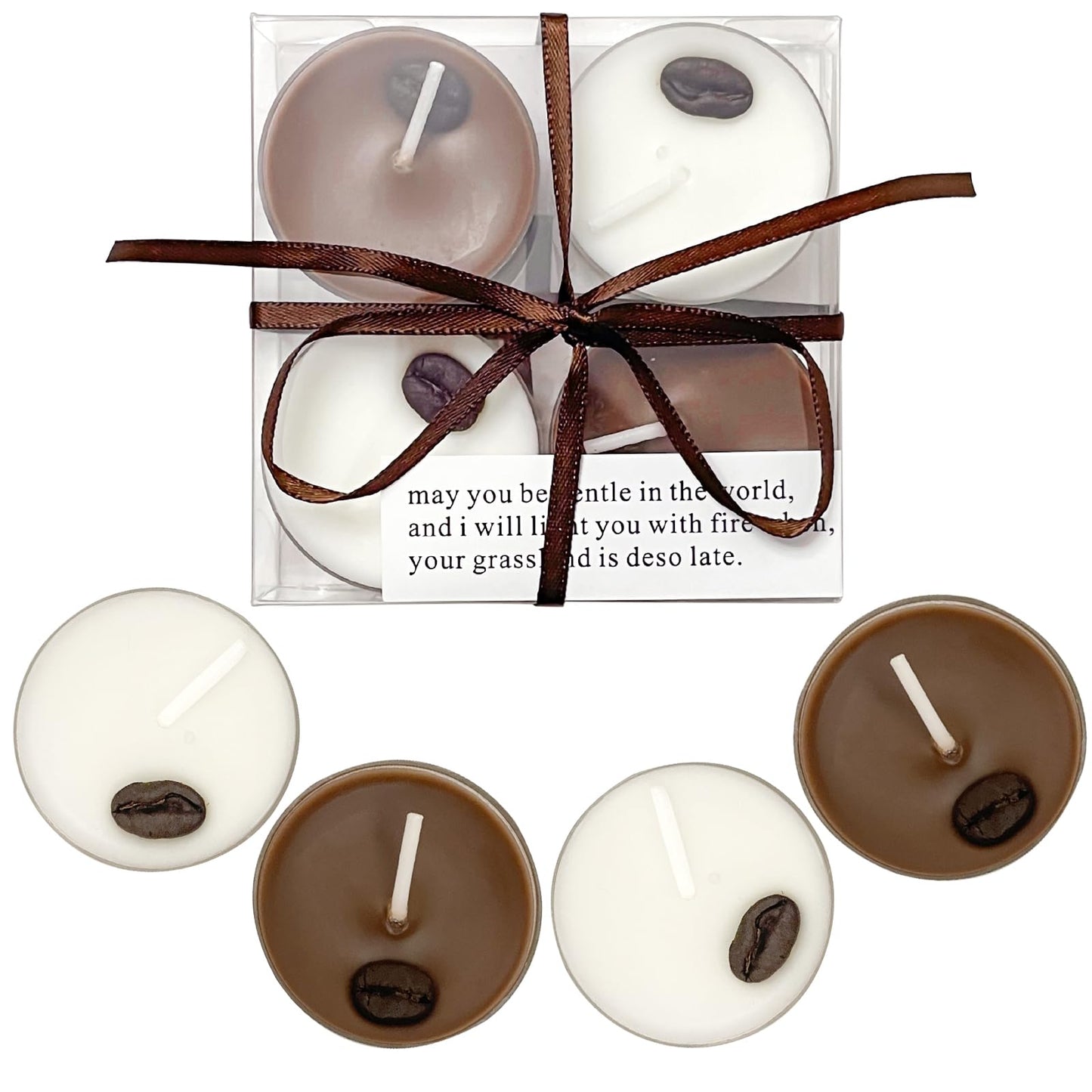 Coffee Scented Tea Lights - 4-Pack Beeswax Soy Wax Candles, White & Brown with Real Coffee Bean Decoration, Long-Lasting, Perfect for Relaxation and Gifts