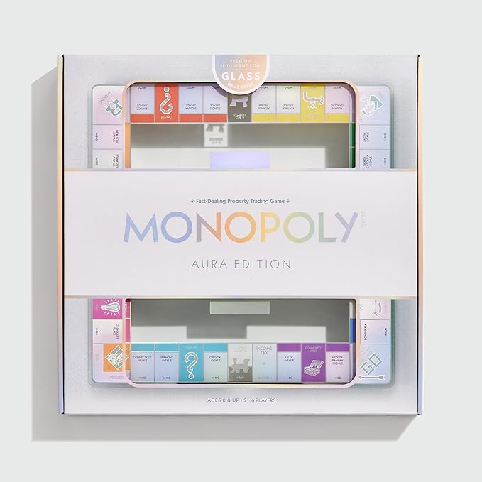 WS Game Company Monopoly Aura Edition Iridescent Tempered Glass Board Crystal-Clear Acrylic Houses Metallic Tokens Foil Cards &amp Tray Family Board Games for 2-6 Players Ages 8+