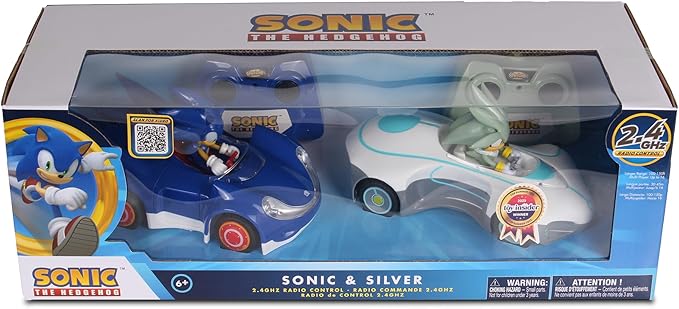 NKOK 1/28 Scale 2.4GHz RC Sonic 2PK RC Sonic &amp Silver Officially Licensed Full Function Radio Control Detailed 6.5” Vehicle and Character Grippy Tires Adjustable Front Wheels