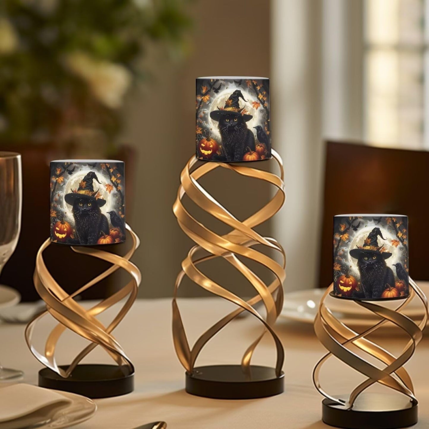 Merkmak 4Pcs Halloween Flameless Candles with 18-Key Remote Battery Operated Candles with Timer, Moon Black Cat Pumpkin LED Pillar Tea Lights for Party Banquet Home Decoration