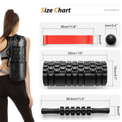 5 in1 Foam Roller Set, Trigger Point Foam Roller, Massage Roller Stick, Massage Ball, Resistance Band for Deep Muscle Massage Pilates Yoga,Fitness Exercise for Whole Body (Black-Red)