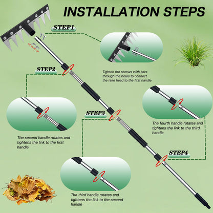 Upgraded 8 Tines Stainless Steel Weeding Tool, Thickened Version Manual Weeder Rake, Weeder Rakes with Adjustable Length Handle, Garden Weed Puller Tool for Weeding Loosen The Soil and Collect Fallen