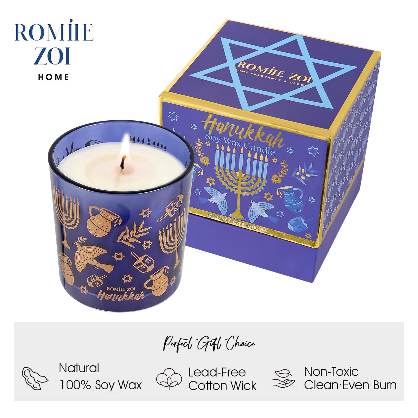 ROMIIE ZOI Hanukkah Scent Candle - 6oz Soy Wax Candle - Hanukkah - Infused with Sandalwood & Bergamot Aroma- Royal Blue Gift Box for Christmas Holiday Gifts