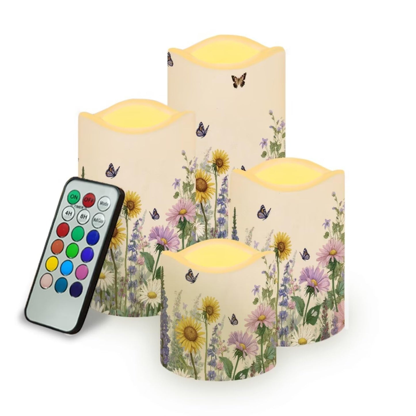 Cozeyat Daisy Field Garden Party Flameless Candles 4 Pack Battery Operated LED Pillar Candles with Remote Timer Flickering Waterproof for Indoor Outdoor Use