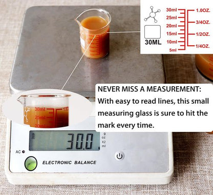 High Borosilicate Glass Measuring Cup-V-Shaped Spout，Glass Measuring Beaker for Kitchen or Restaurant, Easy to Read, 30 ML (1 Oz)-Pack of 2