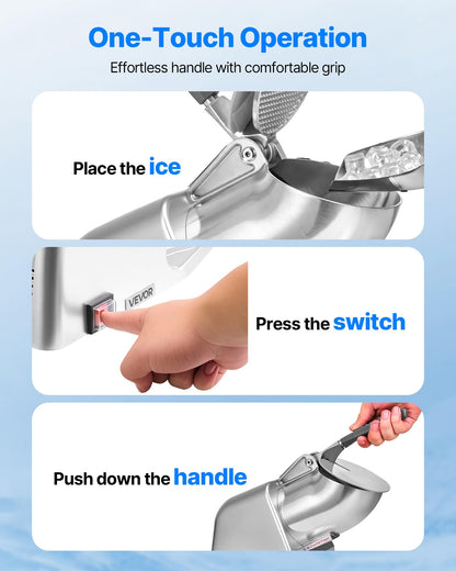 VEVOR Ice Crusher Machine, 286lbs Per Hour Electric 4 Blades Snow Cone Maker, Stainless Steel Shaved Ice Machine with Bowl and Cover, 300W 2000RPM Ice-Shaver for Home and Commercial Use, Silver